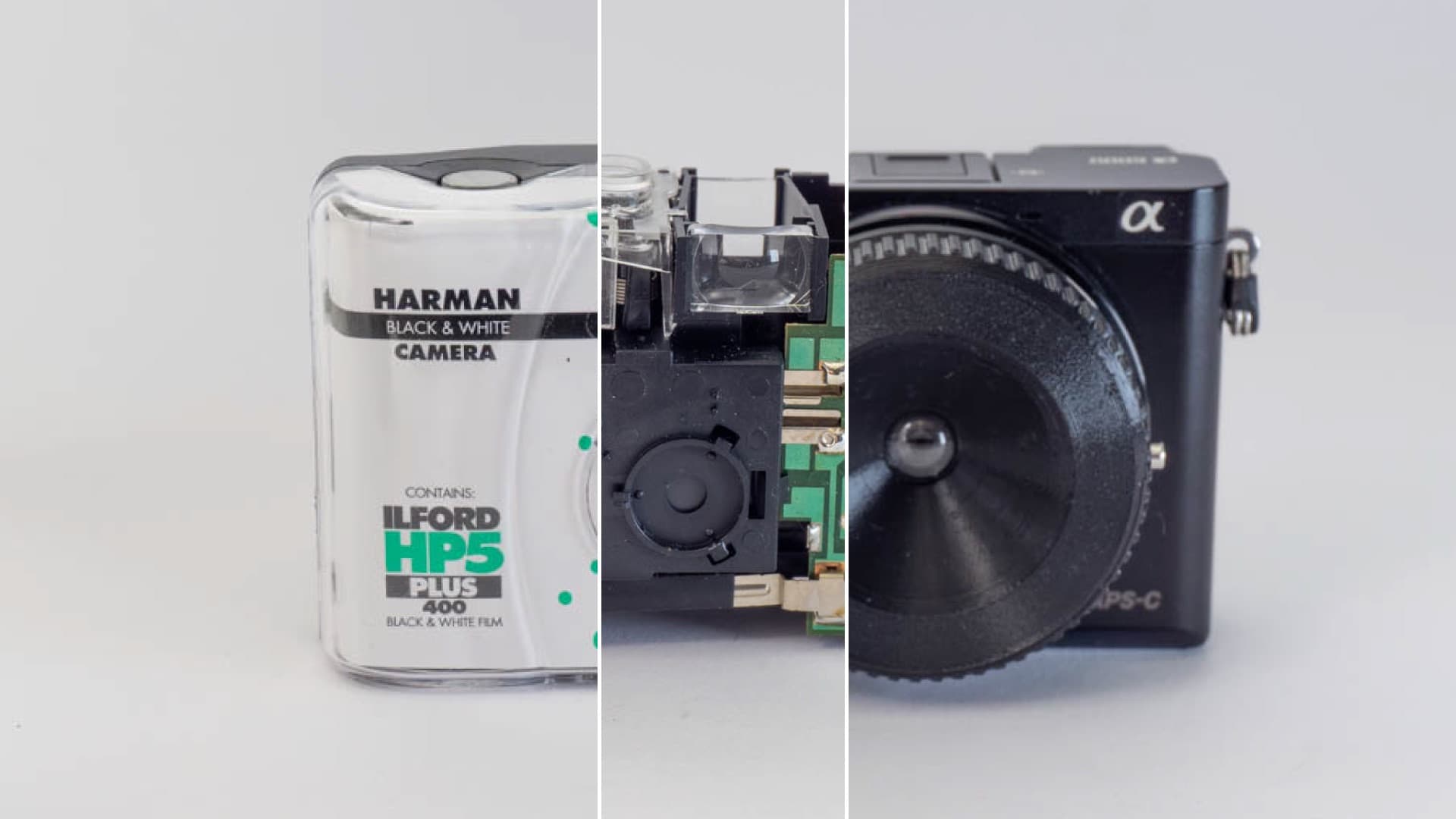 Disposable camera lens adapter mounted on a Sony E-mount body